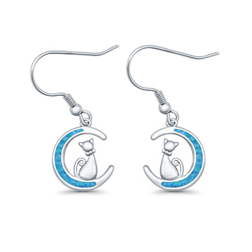 Cat on Moon Drop Dangle Earrings Lab Created Blue Opal 925 Sterling Silver (13mm)
